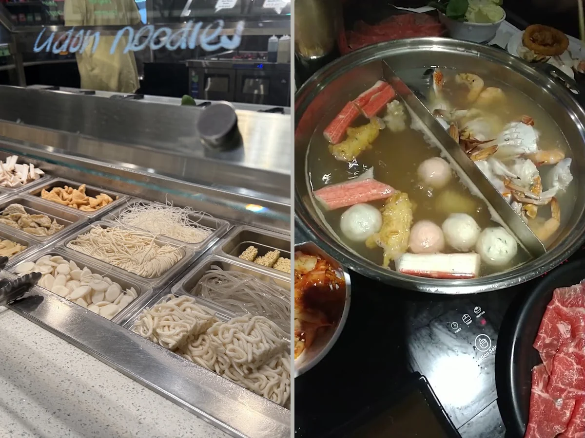 Shabu-shabu restaurant interior with a busy lunch setup.