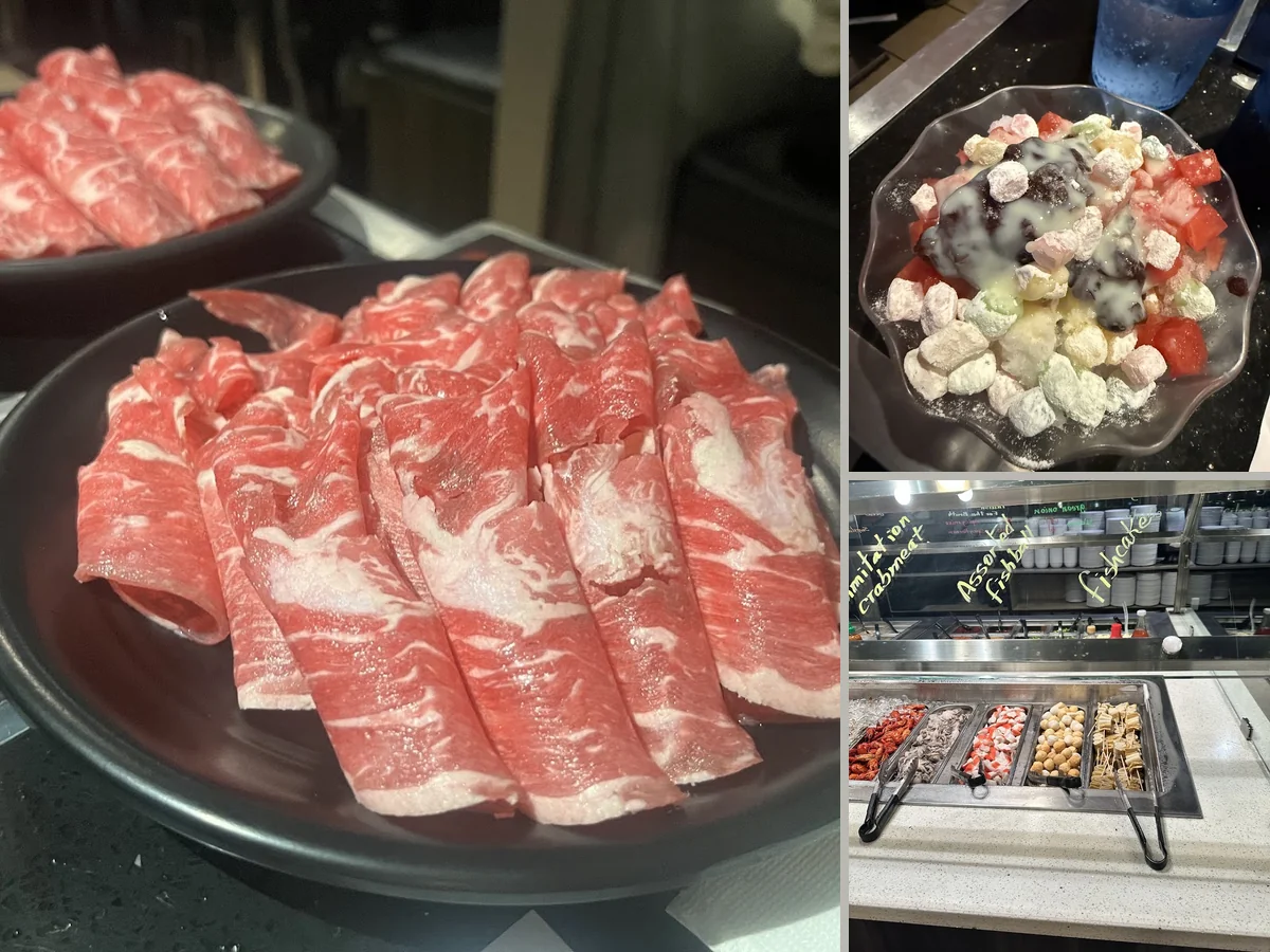 Hot pot tables with individual pots and side dishes.