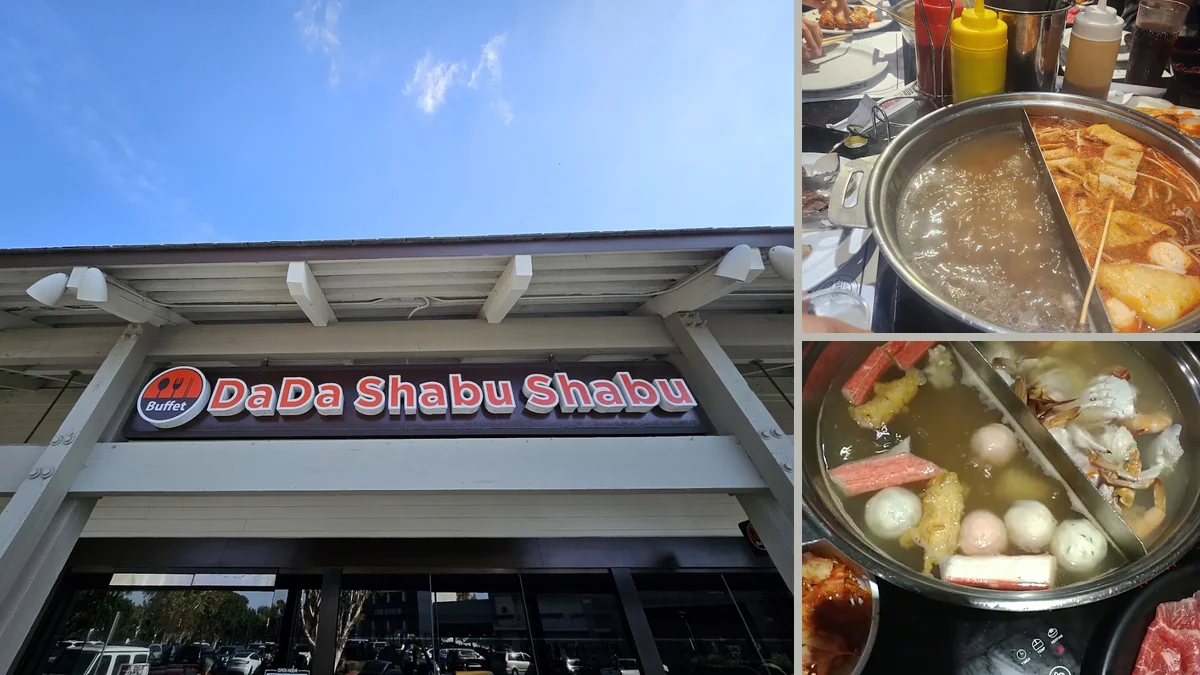 Hot pot tables with individual pots and side dishes.