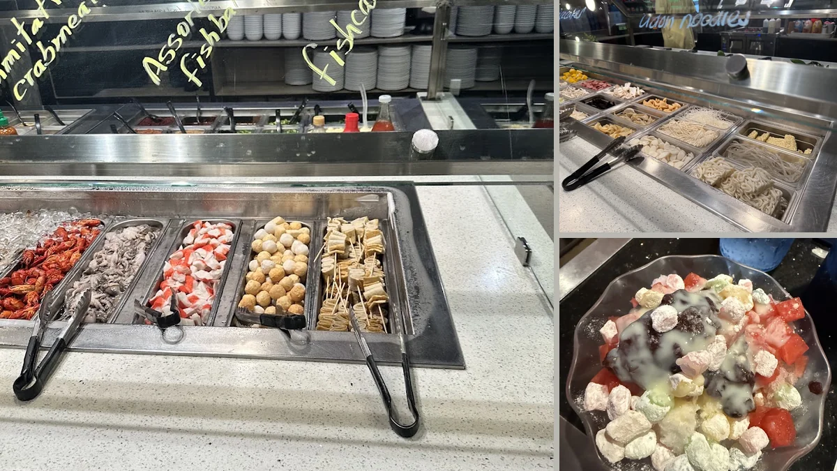Buffet-style spread with salads, noodles, and small plates.